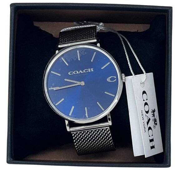 Coach Charles Silver Blue Mesh Bracelet Watch, New - Picture 1 of 7
